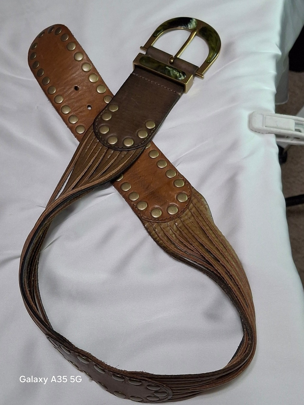 Linea Pelle Brown Leather Belt with Brass-Tone Green Accent Buckle - Picture 6 of 11